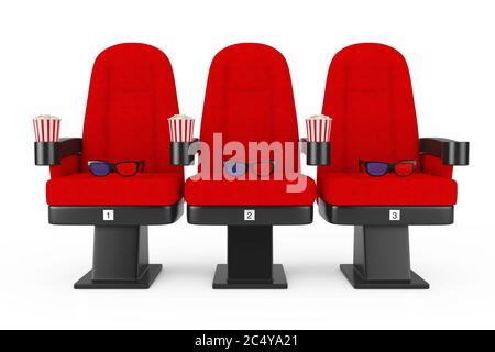 Red Cinema Movie bequeme Sessel mit Popcorn und 3d-Brille auf weißem Hintergrund. 3d-Rendering Stockfoto
