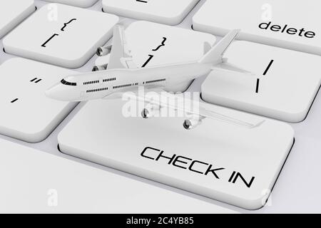 Weißes Jet-Flugzeug über Computertastatur mit Check-in-Zeichen extreme Nahaufnahme. 3d-Rendering. Stockfoto