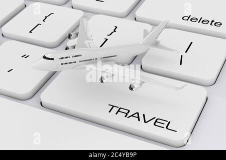 Weißes Jet-Passagierflugzeug über Computertastatur mit Travel Sign extreme Nahaufnahme. 3d-Rendering. Stockfoto