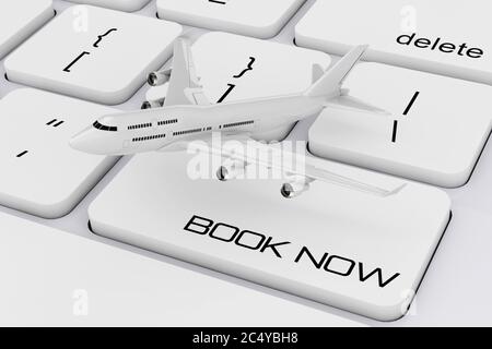 White Jet Passagierflugzeug über Computer-Tastatur mit Book Now Sign extreme Nahaufnahme. 3d-Rendering. Stockfoto