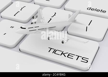 White Jet Passagierflugzeug über Computer-Tastatur mit Tickets Zeichen extreme Nahaufnahme. 3d-Rendering. Stockfoto