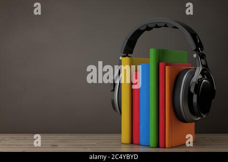Hörbuch-Konzept. Schwarze kabellose Kopfhörer mit Büchern auf einem Holztisch. 3d-Rendering Stockfoto