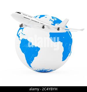 Das Konzept „Fliegen um die Welt“. White Jet Passagierflugzeug in der Nähe von Earth Globe auf weißem Hintergrund. 3d-Rendering. Stockfoto