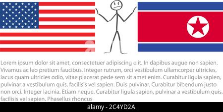 Vereinigte Staaten von Amerika Flagge und Nordkorea Flagge, zwischen stickerman beruhigen Spannung uns Vektor. Stock Vektor