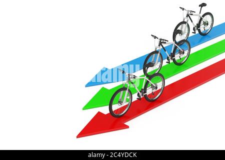 Konzept Richtung zum Erfolg. Schwarz-Weiß Mountainbike über Pfeile auf weißem Hintergrund. 3d-Rendering Stockfoto