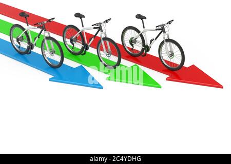 Konzept Richtung zum Erfolg. Schwarz-Weiß Mountainbike über Pfeile auf weißem Hintergrund. 3d-Rendering Stockfoto