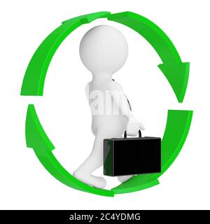 Geschäftsmann läuft in Green Arrows Wheel auf weißem Hintergrund. 3d-Rendering Stockfoto