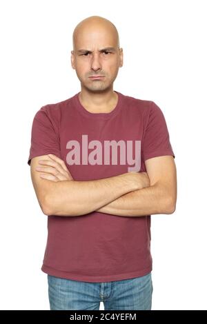 Wütend mittleren Alters 40 Jahre alt Glatze Mann in schlechter Stimmung. Isoliert auf Weiß Stockfoto