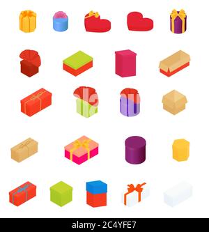 Set von Geschenkboxen in verschiedenen Farben. Dekorative Box-Icons auf weiß isoliert Stock Vektor
