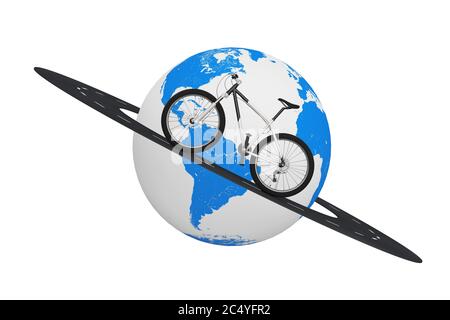 Schwarz und Weiß Mountain Bike über Straße rund um die Erde Globus auf weißem Hintergrund. 3d-Rendering Stockfoto