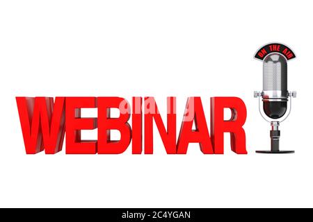 Konzept Online-Bildung. Rotes Webinar-Schild mit Mikrofon und auf dem Flugschild auf weißem Hintergrund. 3d-Rendering Stockfoto