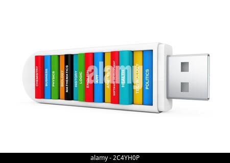 Computer Education Konzept. Schulbücher auf USB-Stick auf weißem Hintergrund. 3d-Rendering Stockfoto