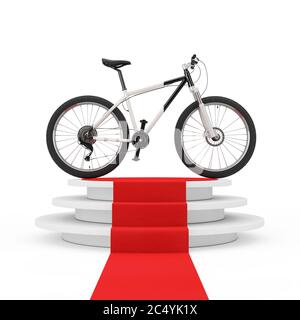 Schwarz-Weiß Mountainbike über Siegerpodest mit rotem Teppich auf weißem Hintergrund. 3d-Rendering Stockfoto