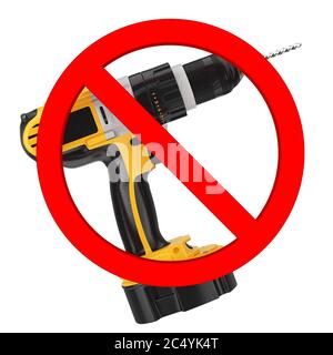 Kein Bohrschild. Gelb wiederaufladbare und schnurlose Bohrmaschine im Prohibition Red Circle auf weißem Hintergrund. 3d-Rendering Stockfoto
