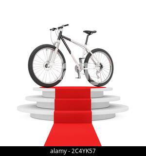 Schwarz-Weiß Mountainbike über Siegerpodest mit rotem Teppich auf weißem Hintergrund. 3d-Rendering Stockfoto