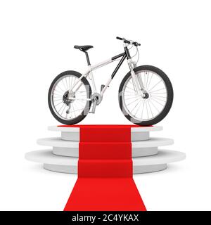 Schwarz-Weiß Mountainbike über Siegerpodest mit rotem Teppich auf weißem Hintergrund. 3d-Rendering Stockfoto
