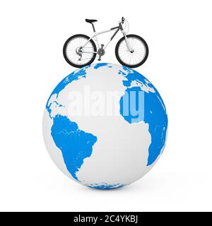 Schwarz-Weiß Mountainbike über Erde Globus auf weißem Hintergrund. 3d-Rendering Stockfoto