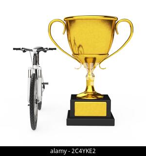 Schwarz-Weiß Mountainbike mit Golden Trophy auf weißem Hintergrund. 3d-Rendering Stockfoto