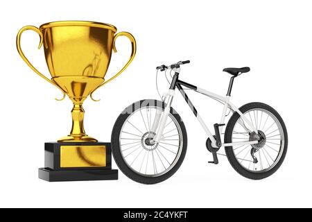 Schwarz-Weiß Mountainbike mit Golden Trophy auf weißem Hintergrund. 3d-Rendering Stockfoto