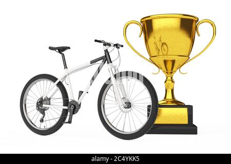 Schwarz-Weiß Mountainbike mit Golden Trophy auf weißem Hintergrund. 3d-Rendering Stockfoto