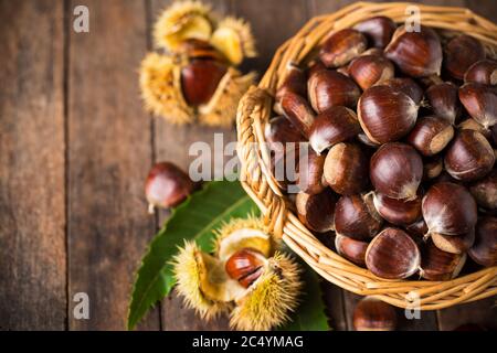 Frische Kastanien im Korb Stockfoto