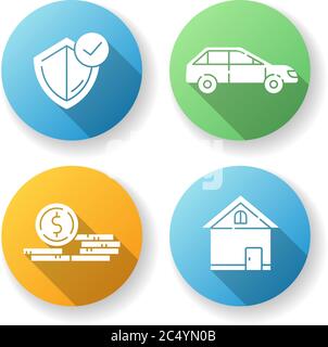Versicherung flache Design lange Schatten Glyphe Symbole gesetzt Stock Vektor