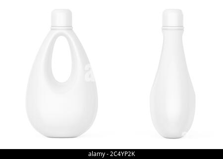Weiße leere Plastikflasche für Bleiche, Flüssigwaschmittel oder Weichspüler auf weißem Hintergrund. 3d-Rendering. Stockfoto