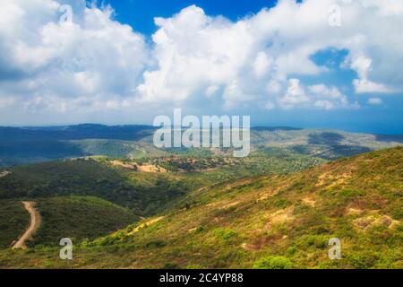 Panoramablick auf Haifa grünen Hügeln in einem sonnigen Sommertag. Von der Haifa University aus gesehen. Haifa, Nordisraelisch Stockfoto