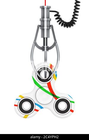 Fidget Finger Spinner Antistress Spielzeug in einem Chrome Roboterklaue auf weißem Hintergrund. 3d-Rendering. Stockfoto