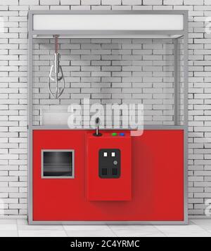 Leere Karneval Rote Spielzeug Kralle Kran Arcade-Maschine vor der Ziegelwand. 3d-Rendering. Stockfoto