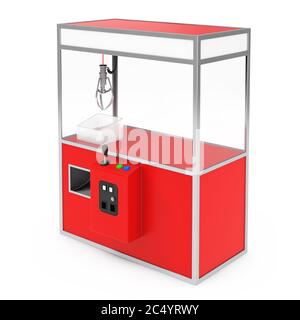 Leere Karneval Rote Spielzeug Kralle Kran Arcade-Maschine auf weißem Hintergrund. 3d-Rendering. Stockfoto