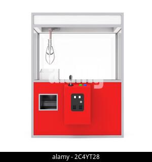 Leere Karneval Rote Spielzeug Kralle Kran Arcade-Maschine auf weißem Hintergrund. 3d-Rendering. Stockfoto
