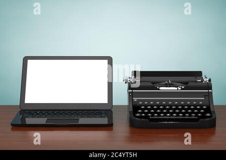 Moderner Laptop-Computer mit antiker Schreibmaschine auf einem Holztisch. 3d-Rendering. Stockfoto