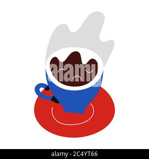 Kaffeebecher Untertasse, handgezeichnete Illustration, stilisierte Ikone, flache farbige Doodle Art, heißer Espresso Drink mit Dampf, gut als Symbol oder Logo Stock Vektor