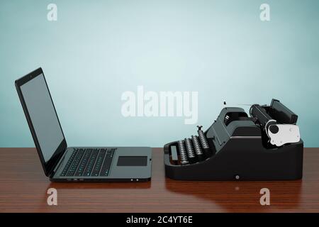 Moderner Laptop-Computer mit antiker Schreibmaschine auf einem Holztisch. 3d-Rendering. Stockfoto