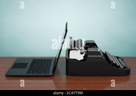 Moderner Laptop-Computer mit antiker Schreibmaschine auf einem Holztisch. 3d-Rendering. Stockfoto