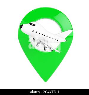 Cartoon Spielzeug Jet Flugzeug mit Green Map Target Pin auf weißem Hintergrund. 3d-Rendering. Stockfoto