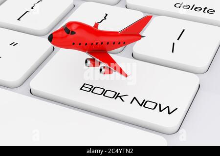 Rote Cartoon Spielzeug Jet Flugzeug über Computer-Tastatur mit Buch Jetzt Zeichen extreme Nahaufnahme. 3d-Rendering. Stockfoto