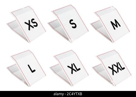 Set von Stoff Kleid Tags mit Größe Zeichen von XS bis XXL auf weißem Hintergrund. 3d-Rendering. Stockfoto