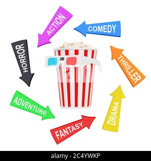 Pfeile mit Cinema Styles rund um Eimer voller Popcorn mit 3D-Brille auf weißem Hintergrund. 3d-Rendering. Stockfoto