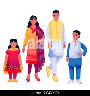 Indische glückliche Familie mit zwei Kindern, isoliert auf weißem Hintergrund. Vater, Mutter, Junge und Mädchen in farbenfroher traditioneller Kleidung. Vektor flach Cartoon ch Stock Vektor