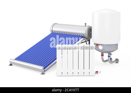 Solar-Warmwasserbereiter mit Boiler und Heizkörper auf weißem Hintergrund. 3d-Rendering. Stockfoto