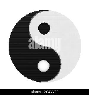 Yin Yang Symbol für Harmonie und Balance im Pixel Art Style auf weißem Hintergrund. 3d-Rendering. Stockfoto