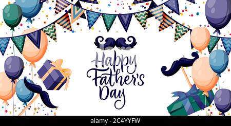 Happy Fathers Day, horizontales Banner, Poster oder Grußkarte Design-Vorlage. Rahmen mit Feiertagsdekoration und handgezeichneter Kalligraphie-Schrift. Vec Stock Vektor