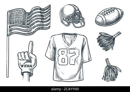 American Football jubeln Liebhaber Accessoires Set, isoliert auf weißem Hintergrund. Vektor handgezeichnete Skizze Illustration von Sportgeräten. Ball, Helm, Stock Vektor