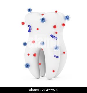 Konzept Der Zahnhygiene. Bakterien und Viren um den menschlichen Zahn auf weißem Hintergrund. 3d-Rendering. Stockfoto