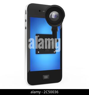 Mobiltelefon mit Videoüberwachungskamera auf weißem Hintergrund. 3d-Rendering. Stockfoto