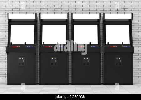 Reihe von Gaming Arcade-Maschinen mit leerem Bildschirm für Ihr Design vor der Backsteinwand. 3d-Rendering. Stockfoto