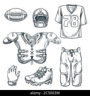 American Football Sportausrüstung. Vektor handgezeichnete Skizzendarstellung. Ball, Helm, Uniform T-Shirt und Schutzausrüstung Symbole, isoliert auf weiß Stock Vektor