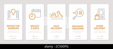 Lieferbezogene vertikale Karten. Bildschirme für die Aufnahme von mobilen Apps. Vorlagen für eine Website. Symbole mit bearbeitbarer Kontur Stock Vektor